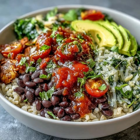 Colorful plant-based taco bowl bursting with fresh salsa and seasoned black beans.