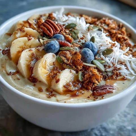 Creamy high fiber smoothie bowl bursting with banana, seeds, and fresh fruit toppings.