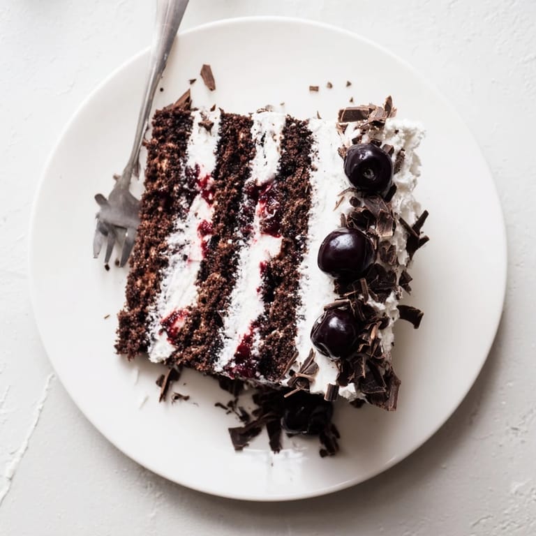 Rich Black Forest Cake is garnished with dark chocolate shavings and plump maraschino cherries for a classic finish.
