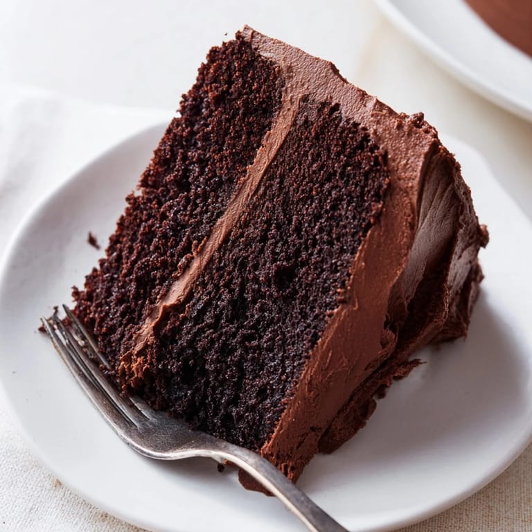 Decadent homemade Devil's Food Cake cut to reveal a tender, dark cocoa crumb and silky fudge frosting.