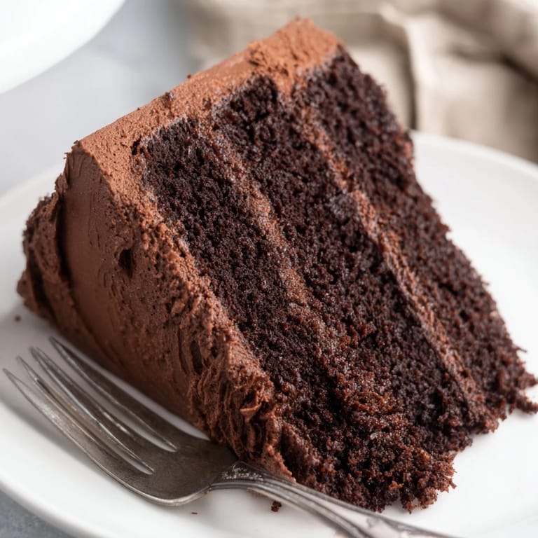 Freshly frosted Devil's Food Cake with a fork ready to serve, showcasing deep chocolate layers and glossy icing.
