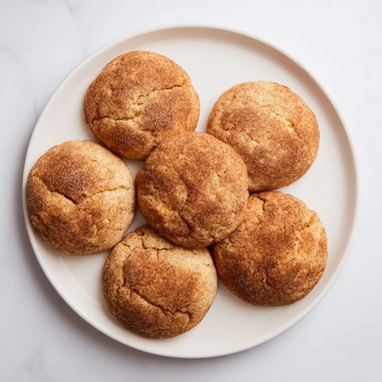 Stack of warm Snickerdoodles dusted with cinnamon sugar next to a glass of milk.