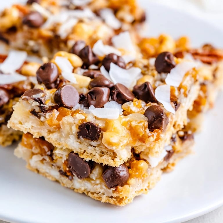 Freshly cut Magic Cookie Bars on a white plate, with sweetened condensed milk binding graham cracker crust and nuts.