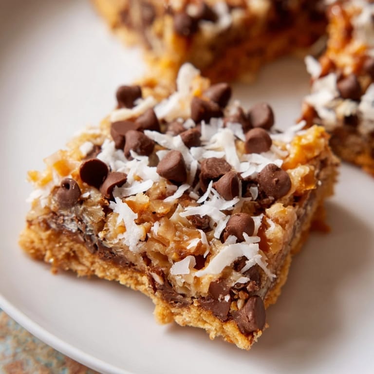 Overhead view of Magic Cookie Bars with melted chocolate chips and shredded coconut glistening, ready to serve with milk.