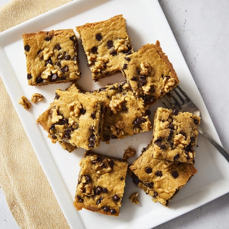 Chewy blondies with melted chocolate chips and crunchy nuts on a rustic table.