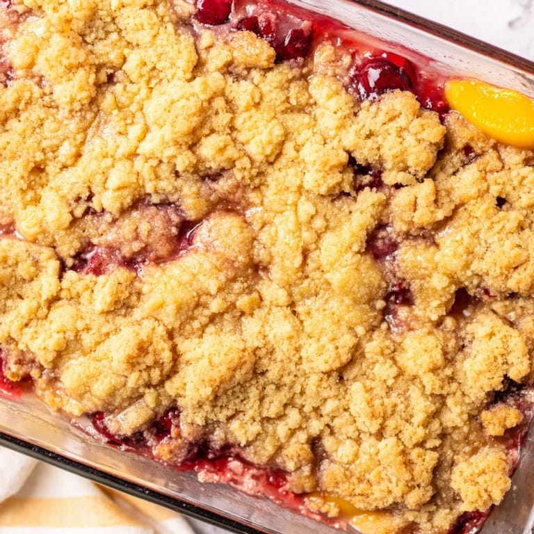 Close-up shot of Dump Cake with a scoop of vanilla ice cream melting over the warm, golden crumble.