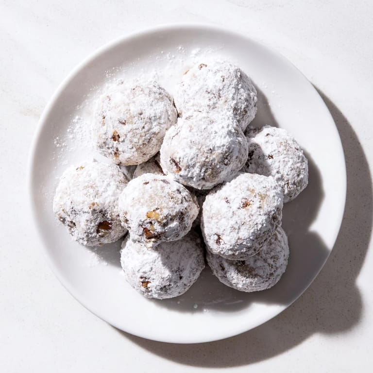 Stack of golden-brown Mexican Wedding Cookies with chopped pecans inside, paired with a steaming mug of coffee on a cozy kitchen counter.