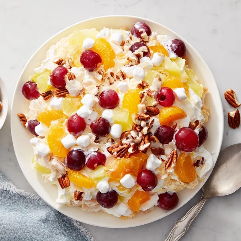 In a white bowl, fluffy Ambrosia Salad mixes marshmallows, shredded coconut, and sweet maraschino cherries for serving.