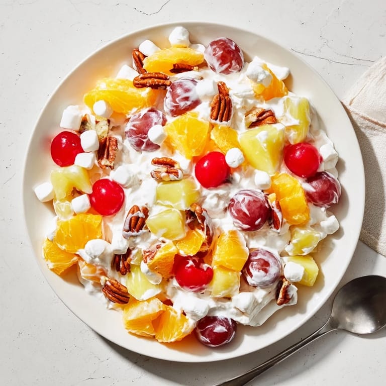 Vibrant Ambrosia Salad with juicy pineapple, mandarin oranges, and pecans in a creamy dressing on a picnic table.