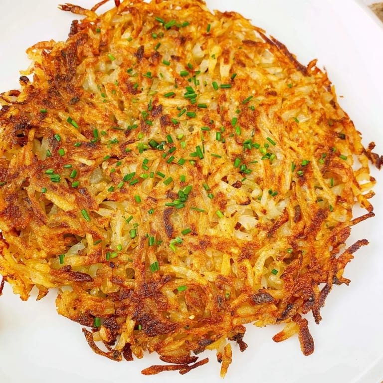 Close-up of crispy Hash Browns revealing golden-brown edges and fluffy potato shreds on a wooden cutting board.