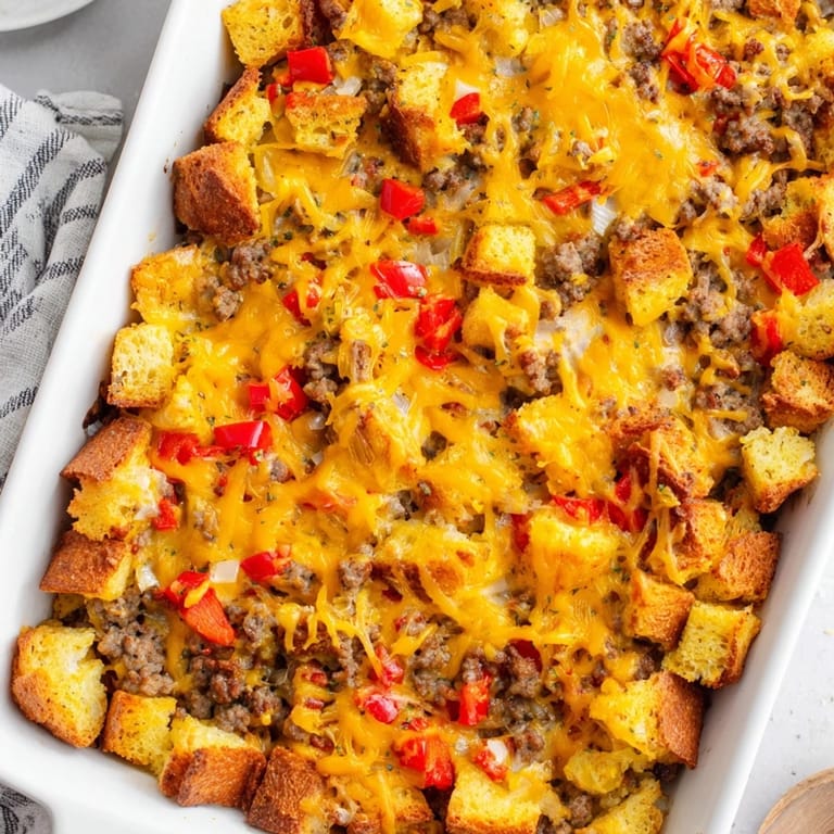Golden bread cubes and savory sausage peek through the cheesy top of this easy breakfast casserole.