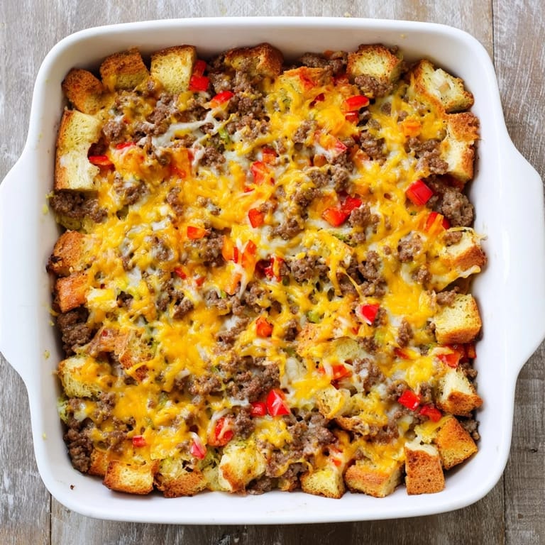 Sliced portion of homemade Breakfast Sausage Casserole on a white plate, ready to enjoy with hot sauce.