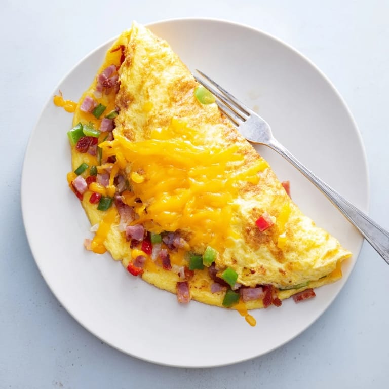 Savory Denver Omelet folded over melted cheddar, with sautéed ham, peppers, and onions on a rustic table.