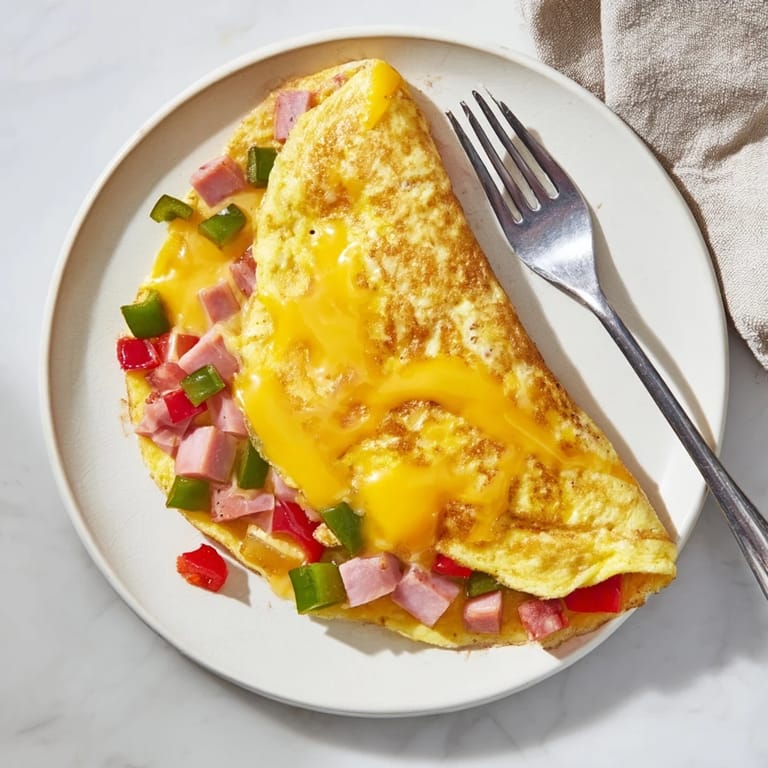 Denver Omelet garnished with fresh herbs, served alongside buttered toast and hash browns for a hearty breakfast.