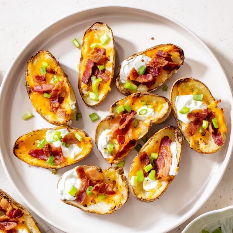 Russet potato skins with bubbly cheddar cheese and crispy bacon, perfect for a game day appetizer spread.