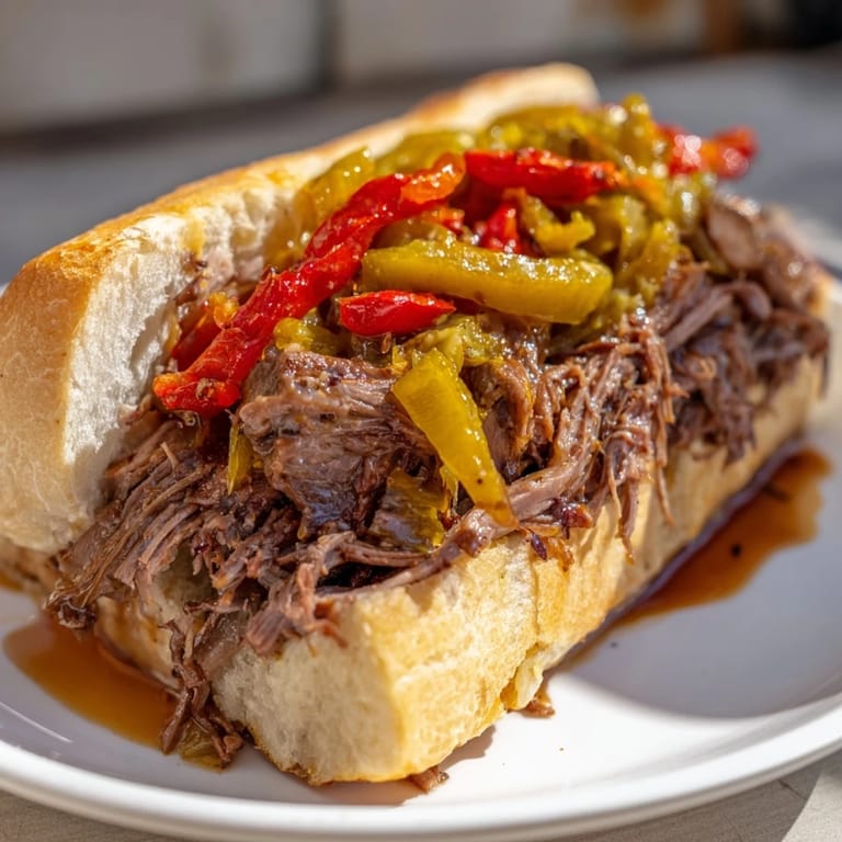 Served with a small bowl of savory au jus for dipping next to the sandwich.