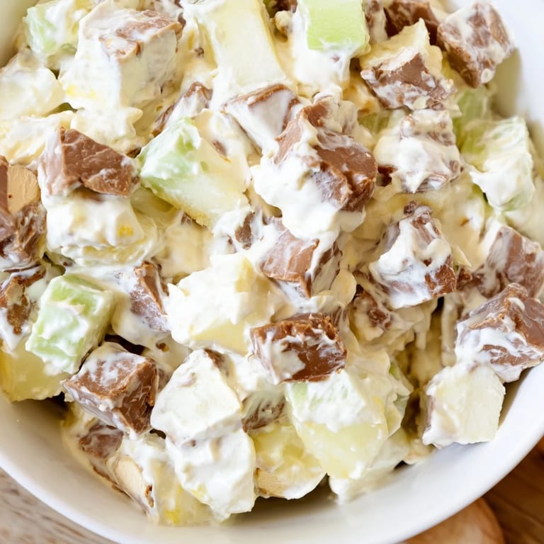 Sliced Snickers Salad in a serving bowl, topped with chopped peanuts and a caramel drizzle for a sweet finish.