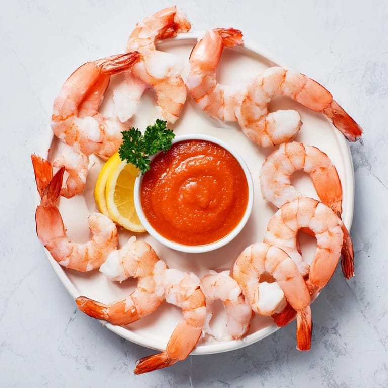 Plump pink shrimp cocktail served with fresh lemon wedges and a sprinkle of parsley garnish.