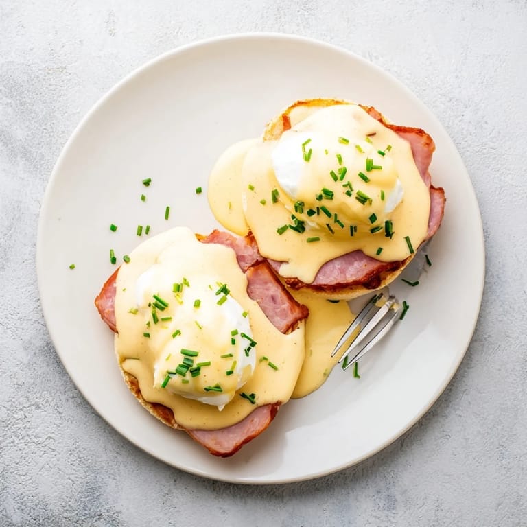 Close-up on warm Eggs Benedict served with a side salad, showcasing velvety hollandaise dripping over perfectly poached eggs and toasted English muffin halves.