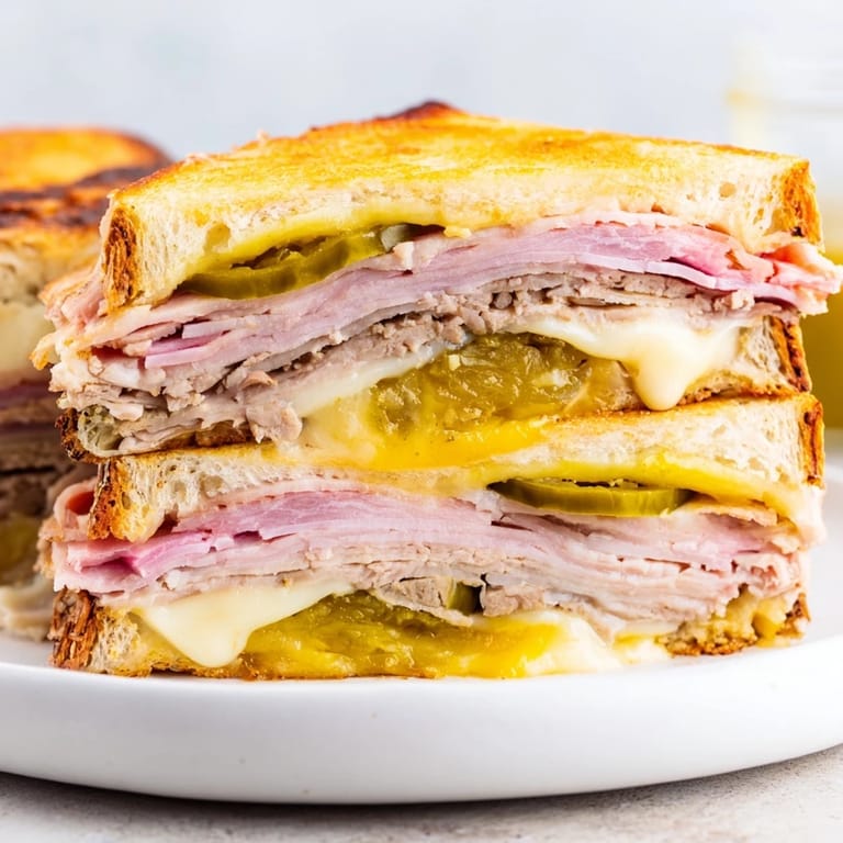 Golden, pressed Cuban Sandwich with pickles and mustard, sliced diagonally to reveal savory layers.