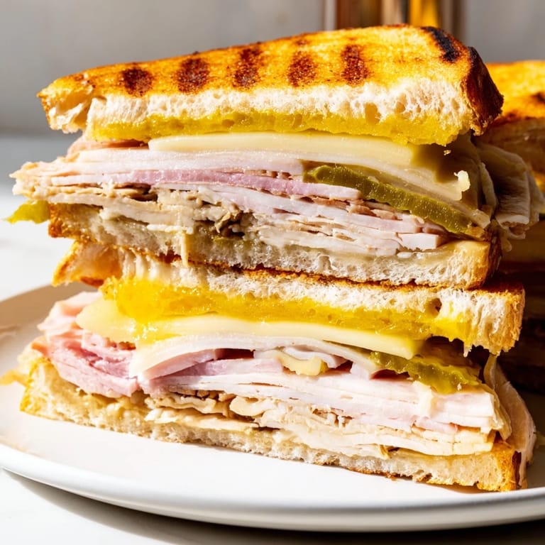 A delicious Cuban Sandwich, perfectly pressed and melty, ready to serve with crunchy plantain chips.