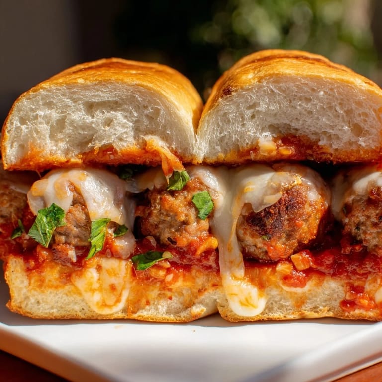 Golden-baked Meatball Sub oozing gooey provolone, ready to serve with fresh basil garnish and napkin. 