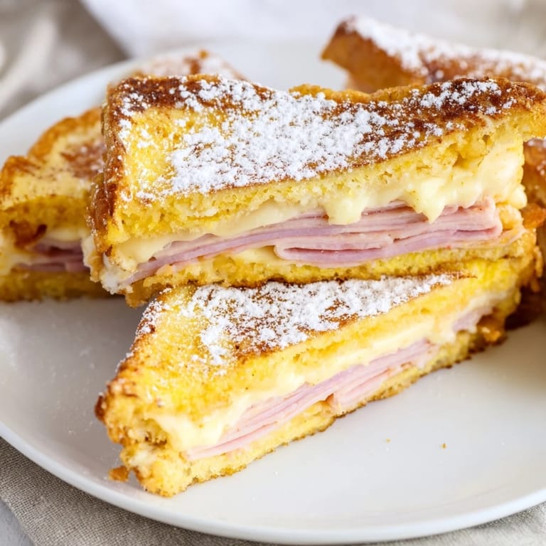 A close-up of a crispy, egg-battered Monte Cristo sandwich revealing melted Swiss cheese and savory ham layers inside.