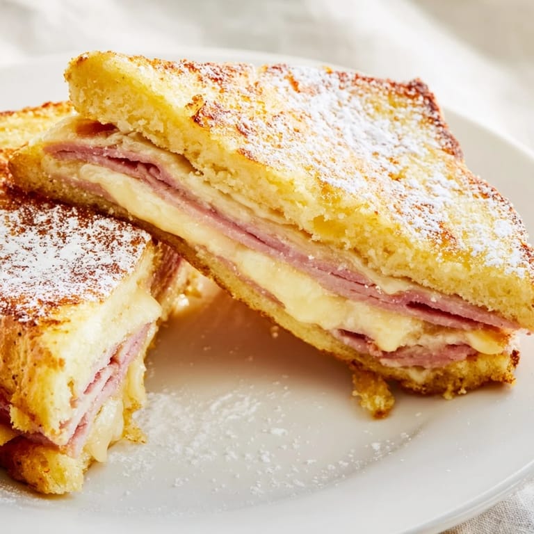 Freshly prepared Monte Cristo sandwich halves, garnished with powdered sugar, ready to serve with sweet preserves.
