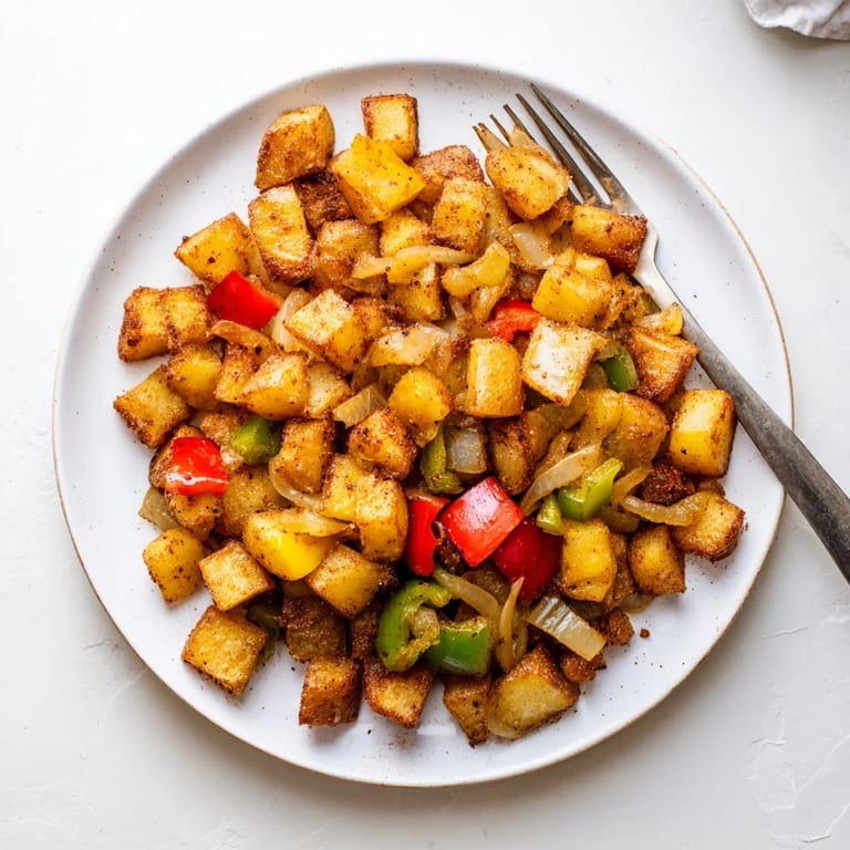 Skillet of sizzling Home Fries featuring golden potatoes, sautéed peppers, and a dusting of paprika.
