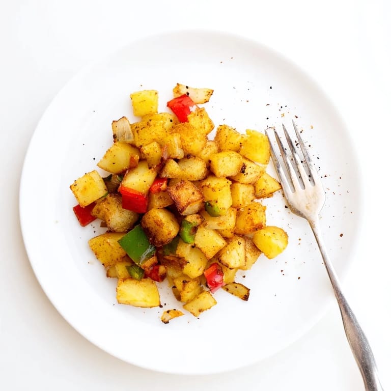 Crispy, home-style Home Fries piled high on a plate with ketchup and fresh herbs.
