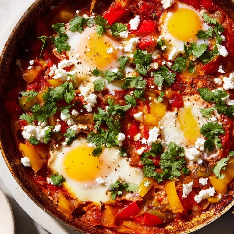 A hearty skillet of shakshuka, topped with crumbled feta and fresh cilantro, revealing bright yellow yolks ready to mingle with the savory, spiced tomato sauce.