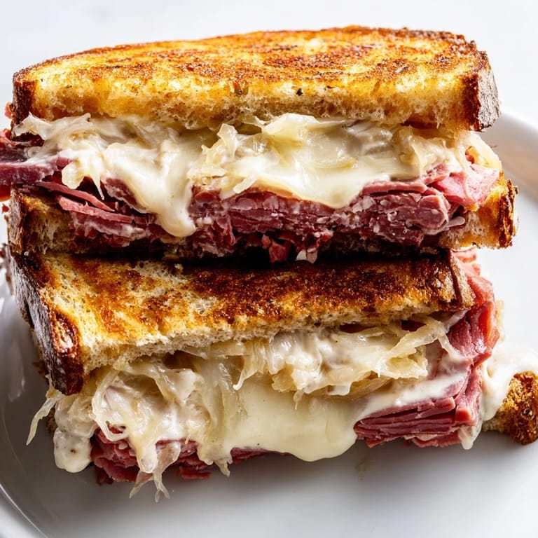 Close-up of a hot Reuben Sandwich on rye, showing layers of corned beef, tangy sauerkraut, and melted cheese.