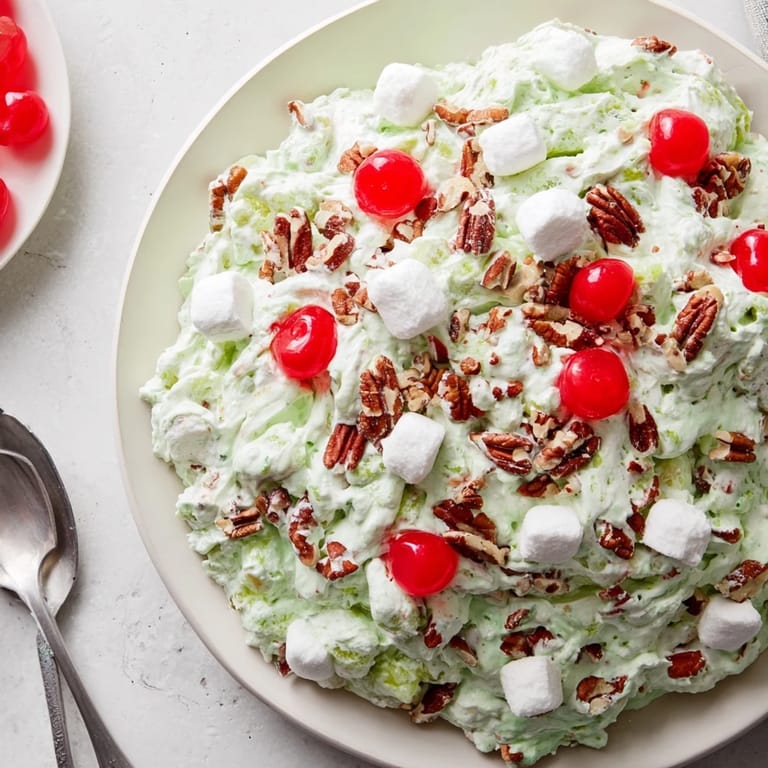 Chilled bowl of Watergate Salad featuring pistachio pudding and whipped topping, surrounded by nuts and cherry garnishes.