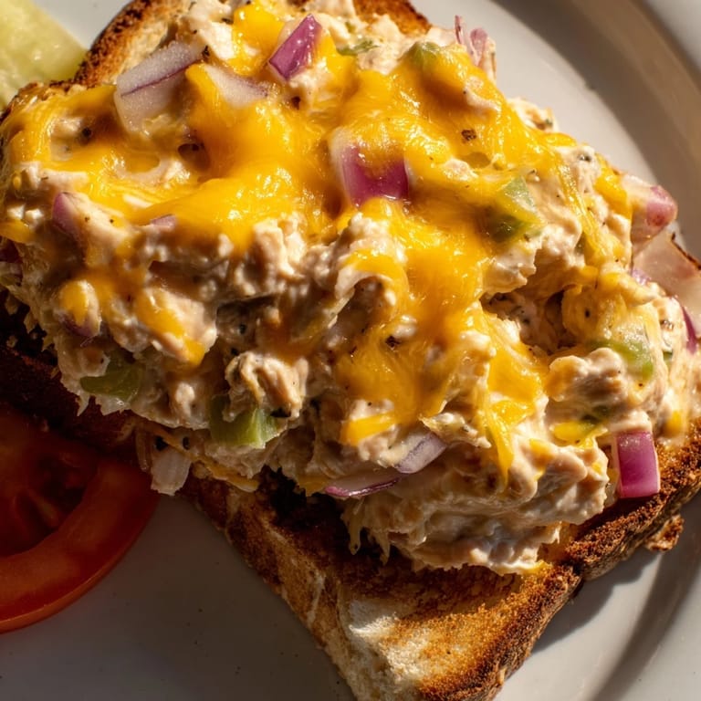 A close-up of an open-faced Tuna Melt showing creamy tuna salad and melted cheese on buttery bread.