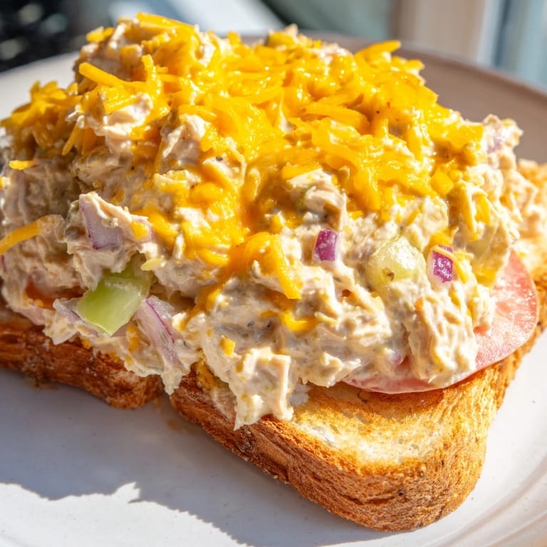 Served hot on a plate with a dill pickle spear, this classic American Tuna Melt looks perfectly toasted.