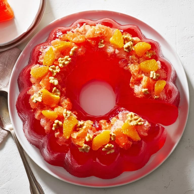 The classic Jell-O salad features a wobbly gelatin base studded with mandarin oranges and grated carrots for a retro look.