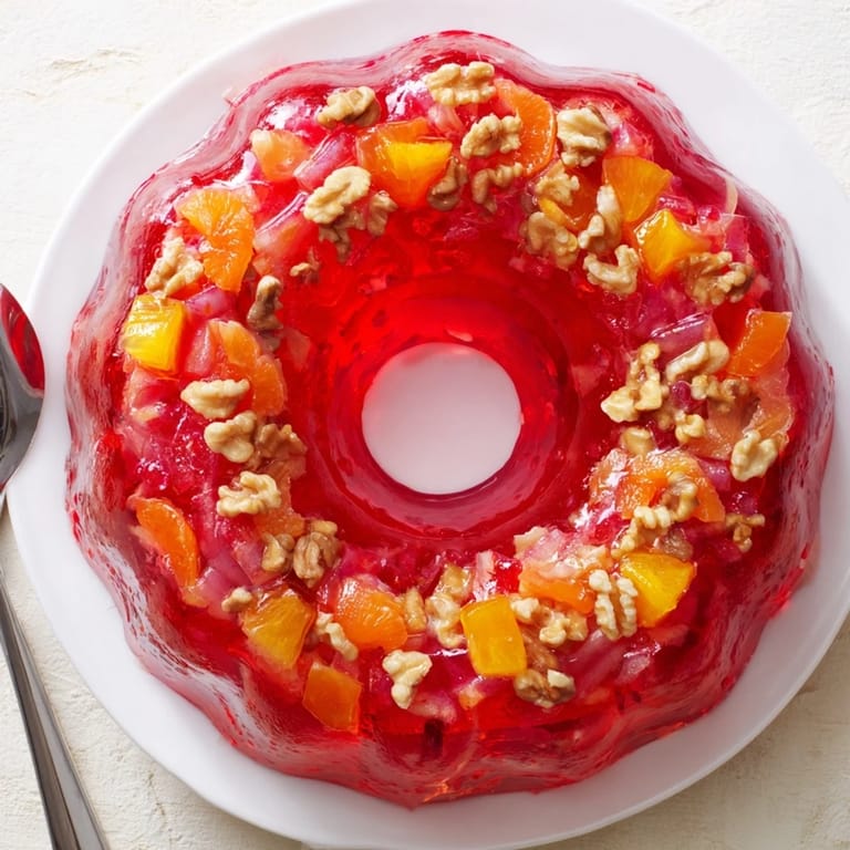 This molded Jell-O salad dessert is garnished with walnuts, served cold on a plate for a vintage potluck style.