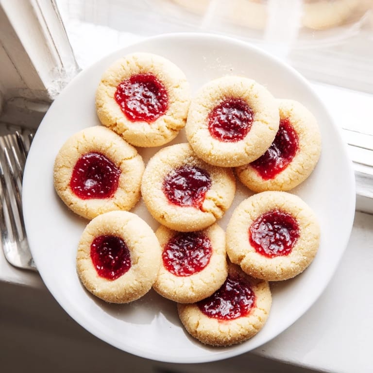 Golden Thumbprint Cookies on parchment paper, filled with sweet apricot preserves, ready to serve.