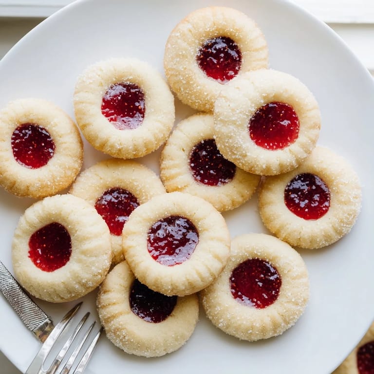 Buttery shortbread Thumbprint Cookies with jewel-toned jam centers, arranged on a rustic wooden table.