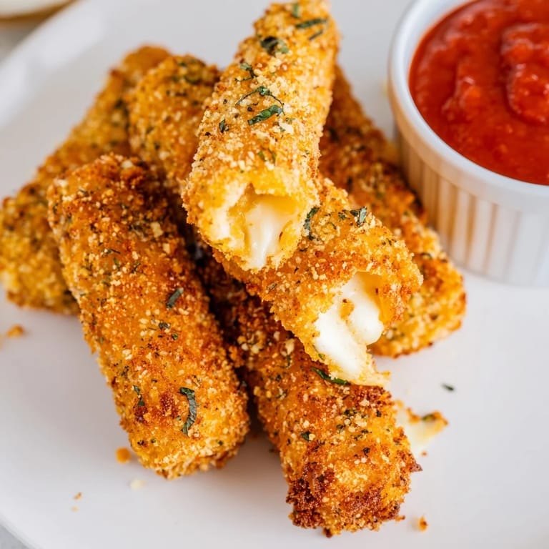 Gooey melted cheese pulls inside crunchy breadcrumb-coated Mozzarella Sticks on a rustic wooden table.