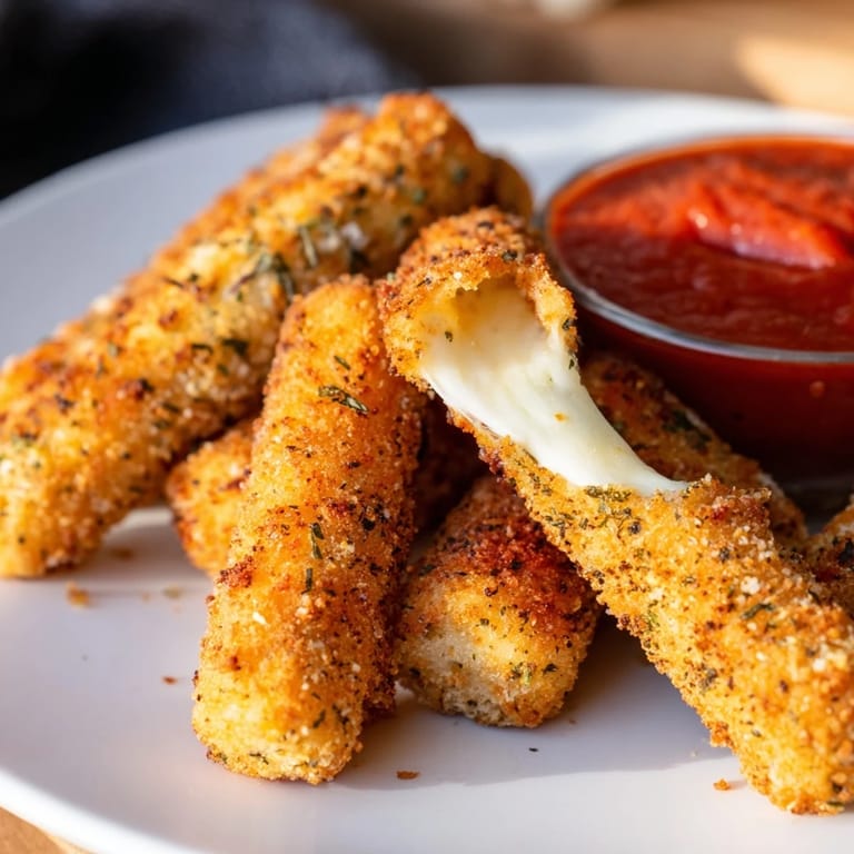 Freshly fried Mozzarella Sticks stacked on a platter, ready to be dipped in rich red sauce.