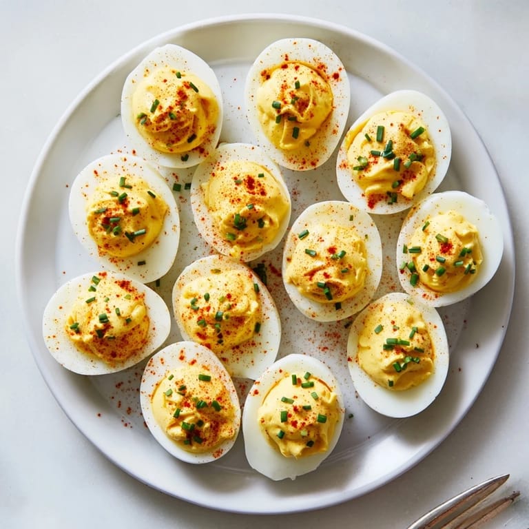 Freshly piped deviled eggs with creamy yellow filling and paprika dusting, perfect for a quick savory snack.