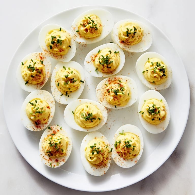 Halved hard-boiled eggs filled with tangy deviled egg mixture, garnished with herbs for a delicious gluten-free bite.