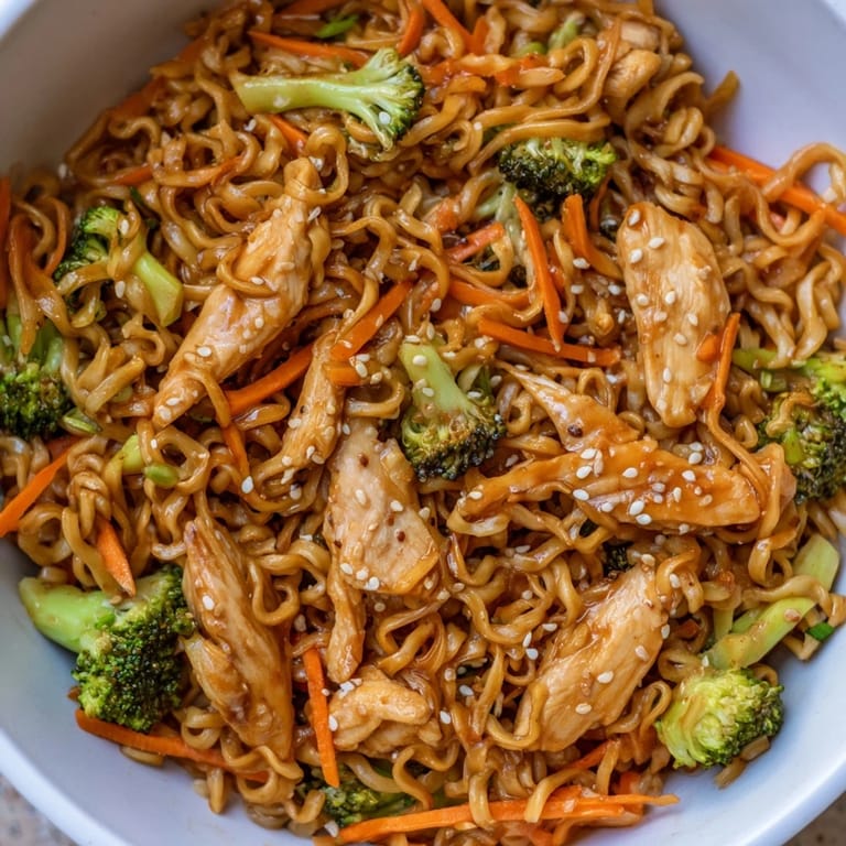 Freshly stir-fried Spicy Ramen Stir-Fry steams beside crisp broccoli, bell peppers, and carrots, with a quick sprinkle of sesame seeds for texture.  