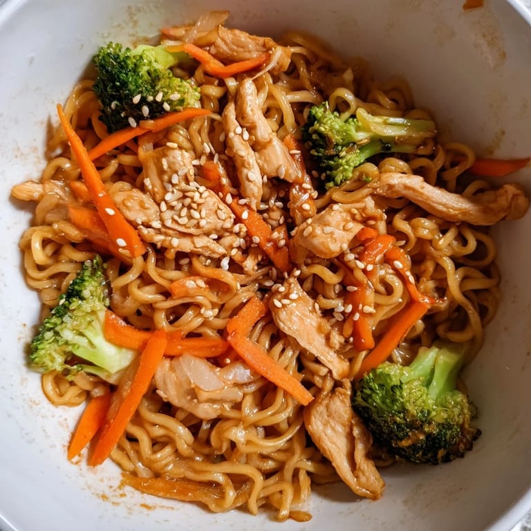 Quick and satisfying, a plate of Spicy Ramen Stir-Fry offers juicy chicken, crunchy veggies, and a fiery red sauce, perfect for a weeknight meal.