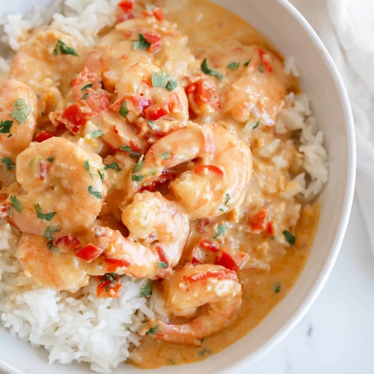 Succulent Cajun shrimp in a creamy sauce, spooned over a bowl of steaming jasmine rice.