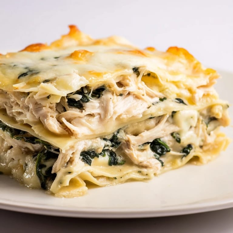 Freshly baked Chicken Alfredo Lasagna in a rustic dish, garnished with parsley and Parmesan, perfect for an Italian-inspired family meal.