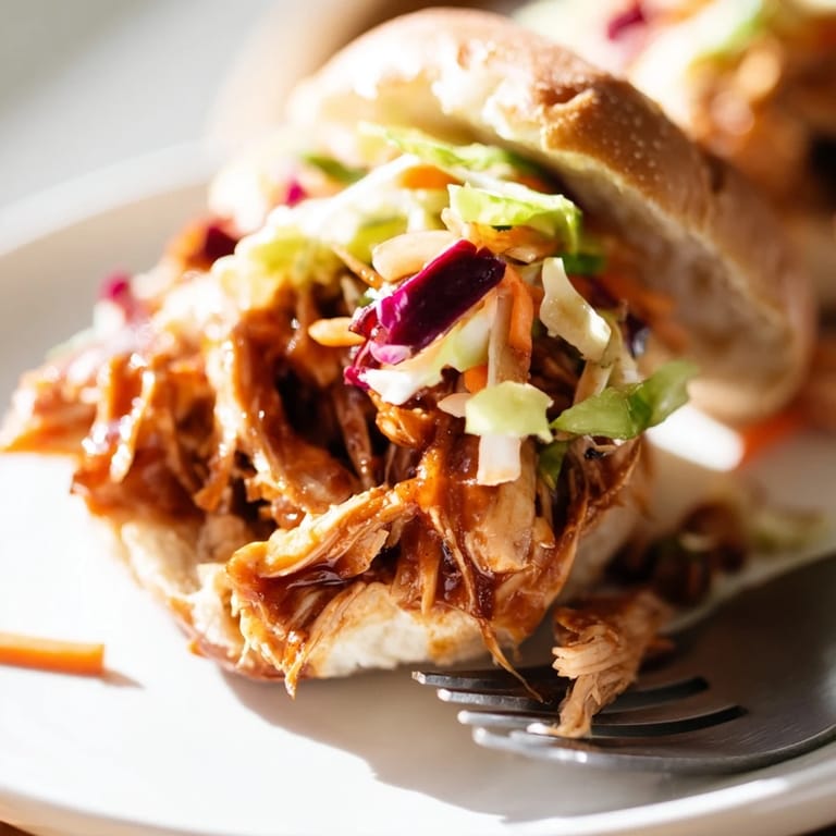 Tender shredded BBQ chicken sliders with creamy slaw on soft mini buns, perfect for summer cookouts and parties.