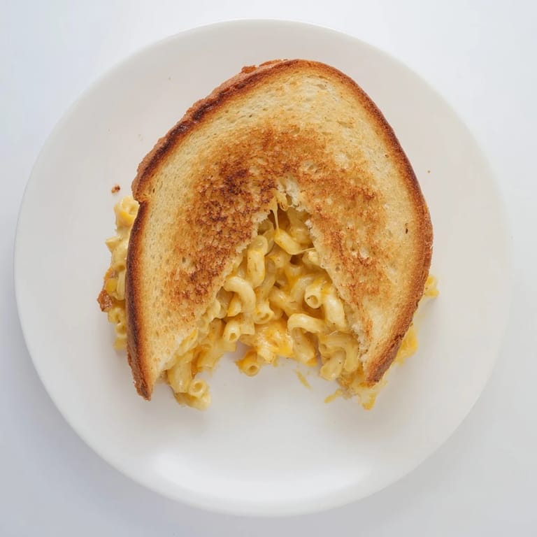 Mac and Cheese Grilled Cheese sandwich rests on a wooden board with a side of tomato soup.  