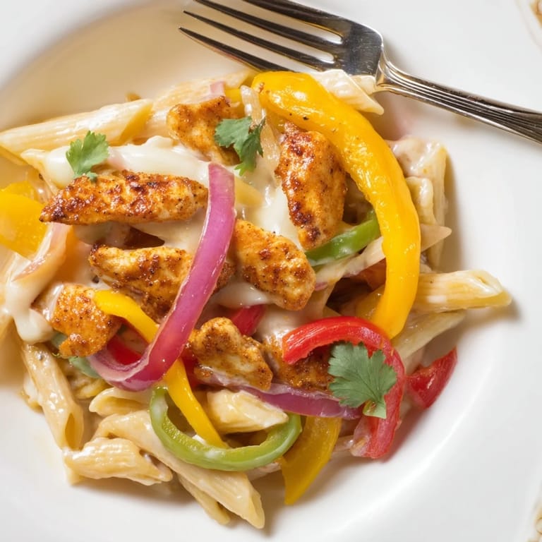 Creamy Fajita Chicken Pasta topped with cilantro, jalapeños, and lime wedges for serving.